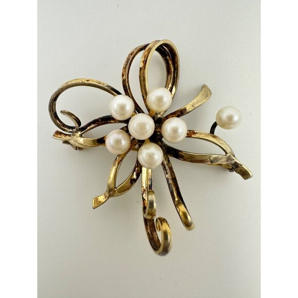 RR vintage sterling silver gold vermeil real freshwater pearls ribbon brooch pin - Picture 2 of 8